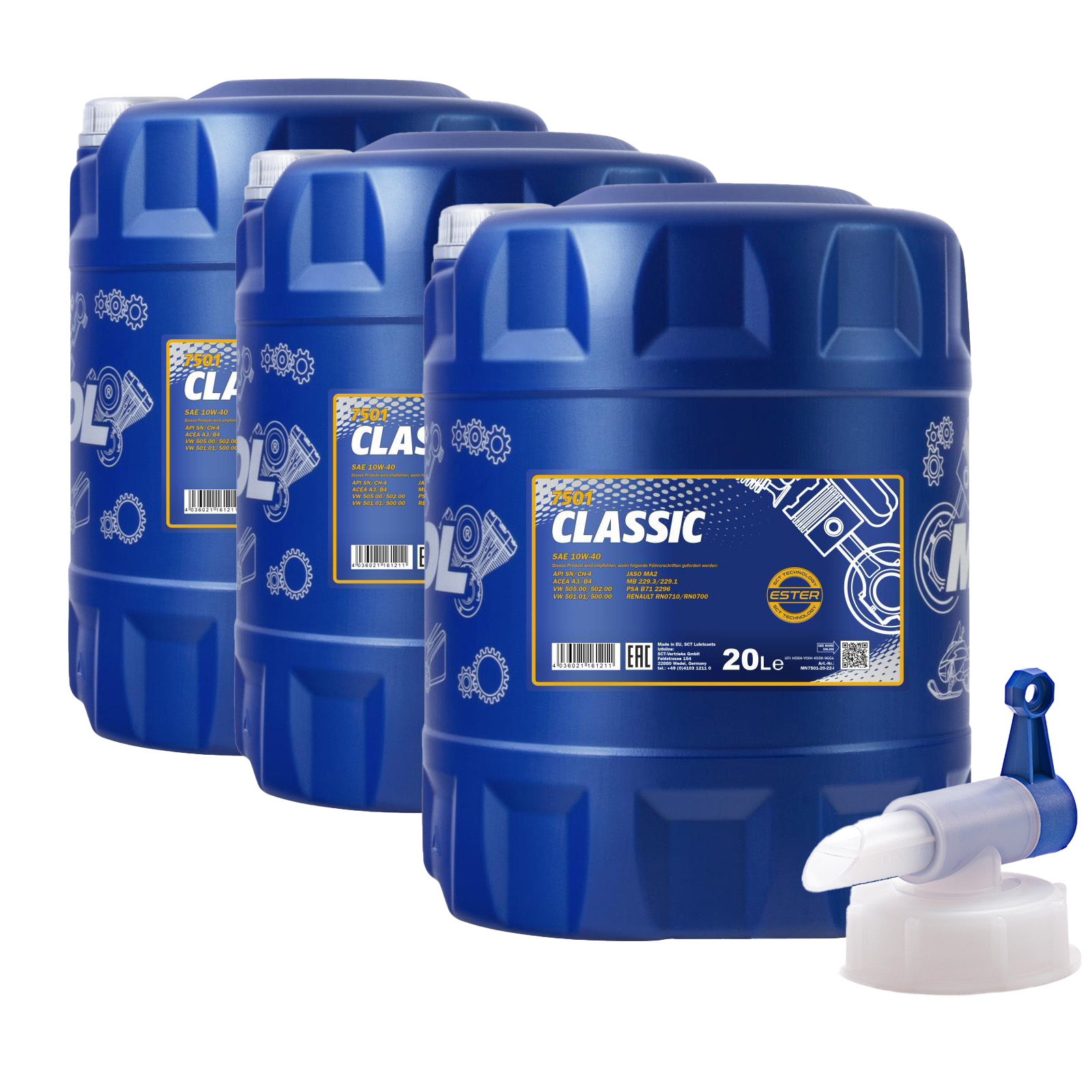 60 L MANNOL 7501 Classic 10W-40 SN/CH-4 Motoröl ACEA A3/B4 MB 229.1 + Ablasshahn