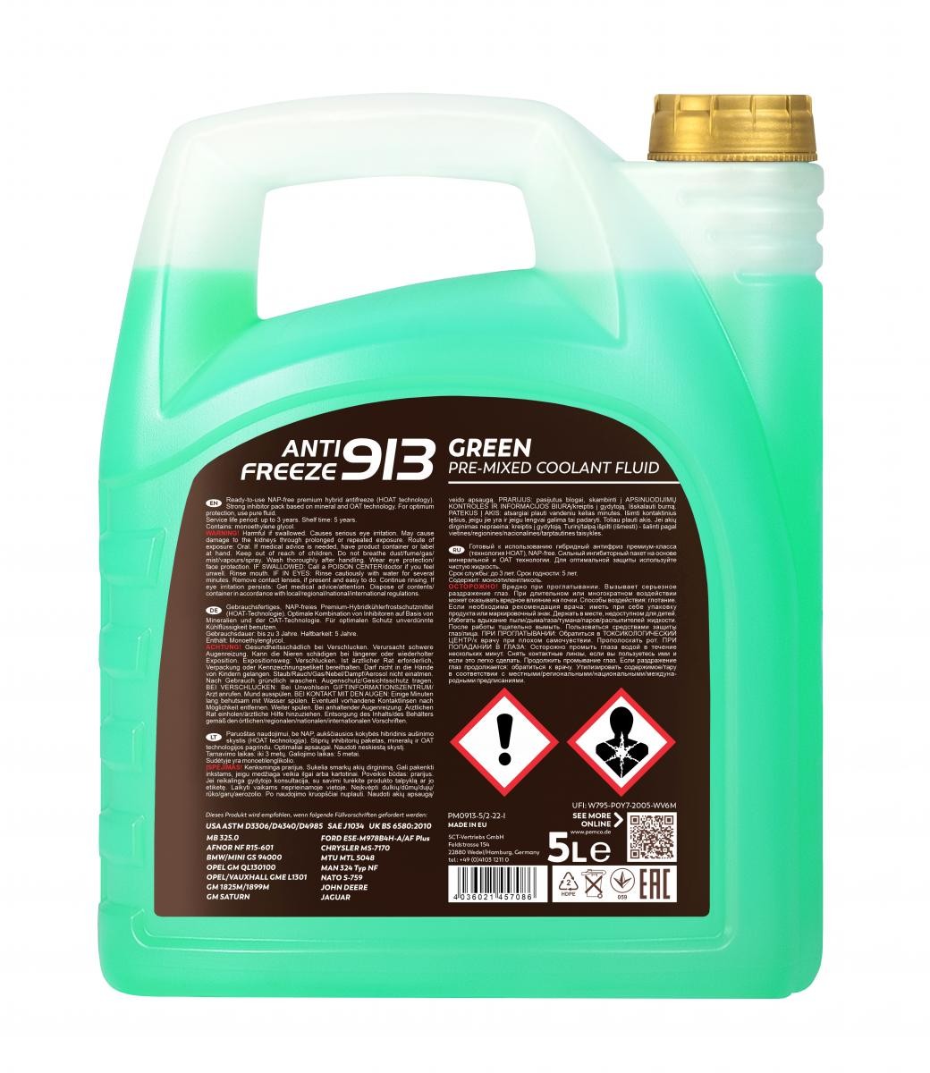 20 Liter (4x5) PEMCO Antifreeze 913 (-40 °C) Kühlerfrostschutz G13 grün