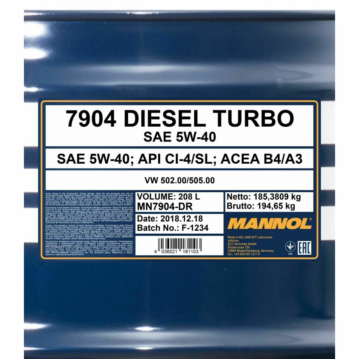 208 Liter MANNOL Diesel Turbo 5W-40 API CI-4/SN Motoröl 5W40 4036021101101