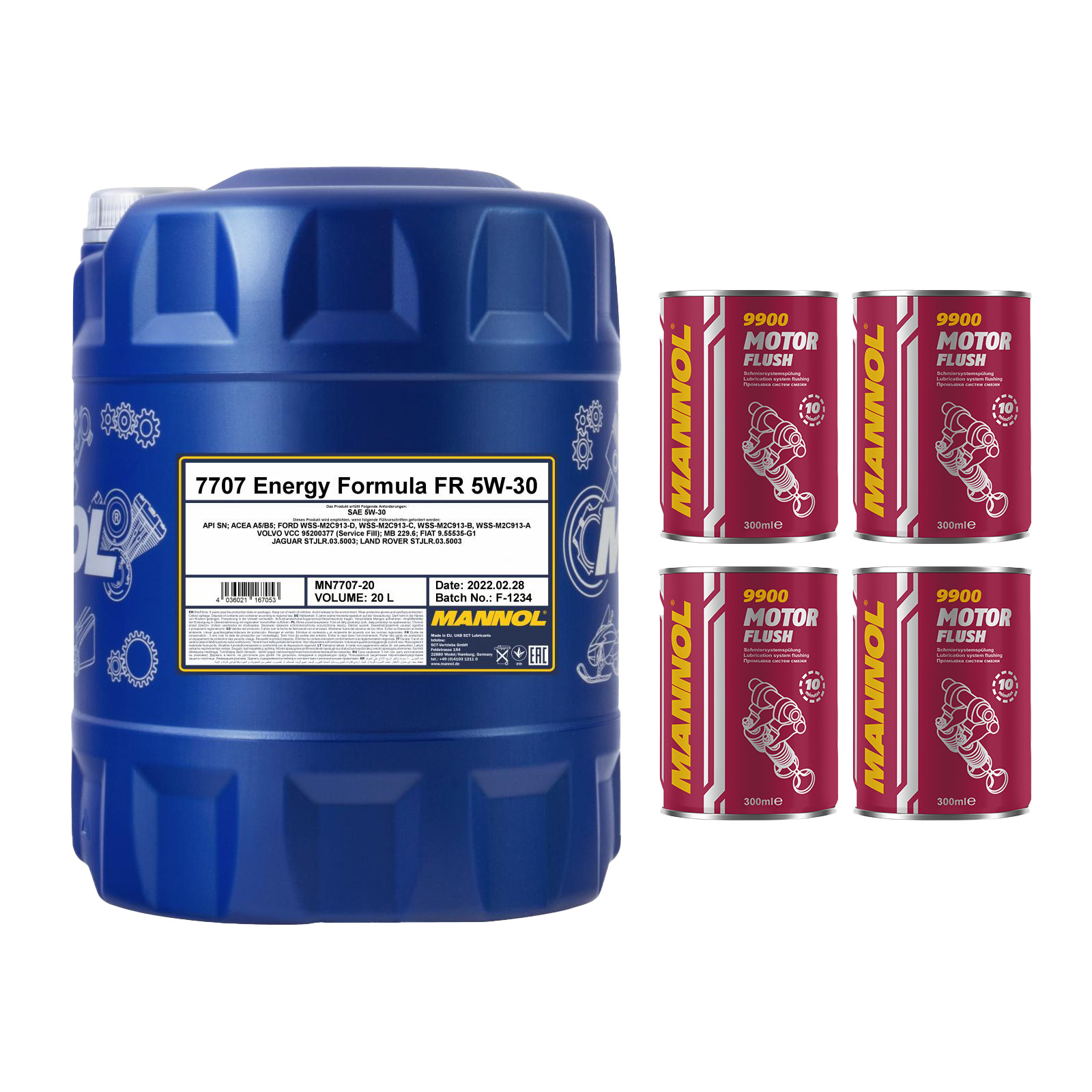 20 Liter MANNOL Energy Formula FR 7707 5W-30 API SN A Motoröl + 4x Motor Flush