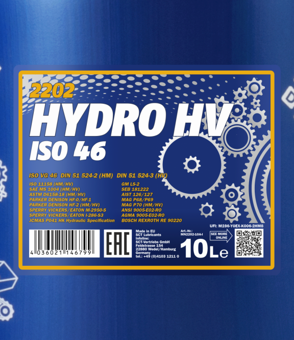 10 Liter MANNOL Hydro HV ISO 46 Longlife 2202 Paraffin-Hydrauliköl SAE MS 1004