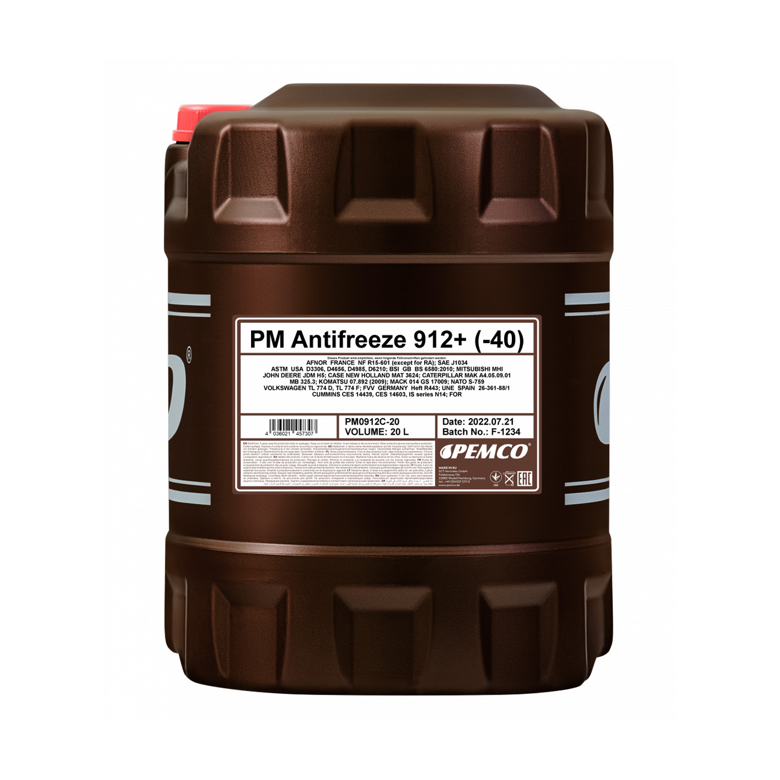 80 Liter (4x20) PEMCO ANTIFREEZE 912+ Kühlerfrostschutz rot PM0912C + Ablasshahn