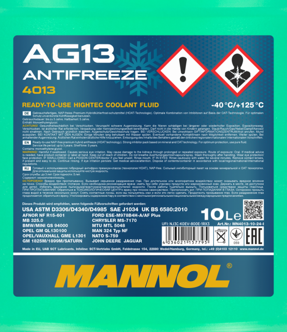 10 ltr. MANNOL hightech Antifreeze AG13 Frostschutz Fertiggemisch grün -40°C G13
